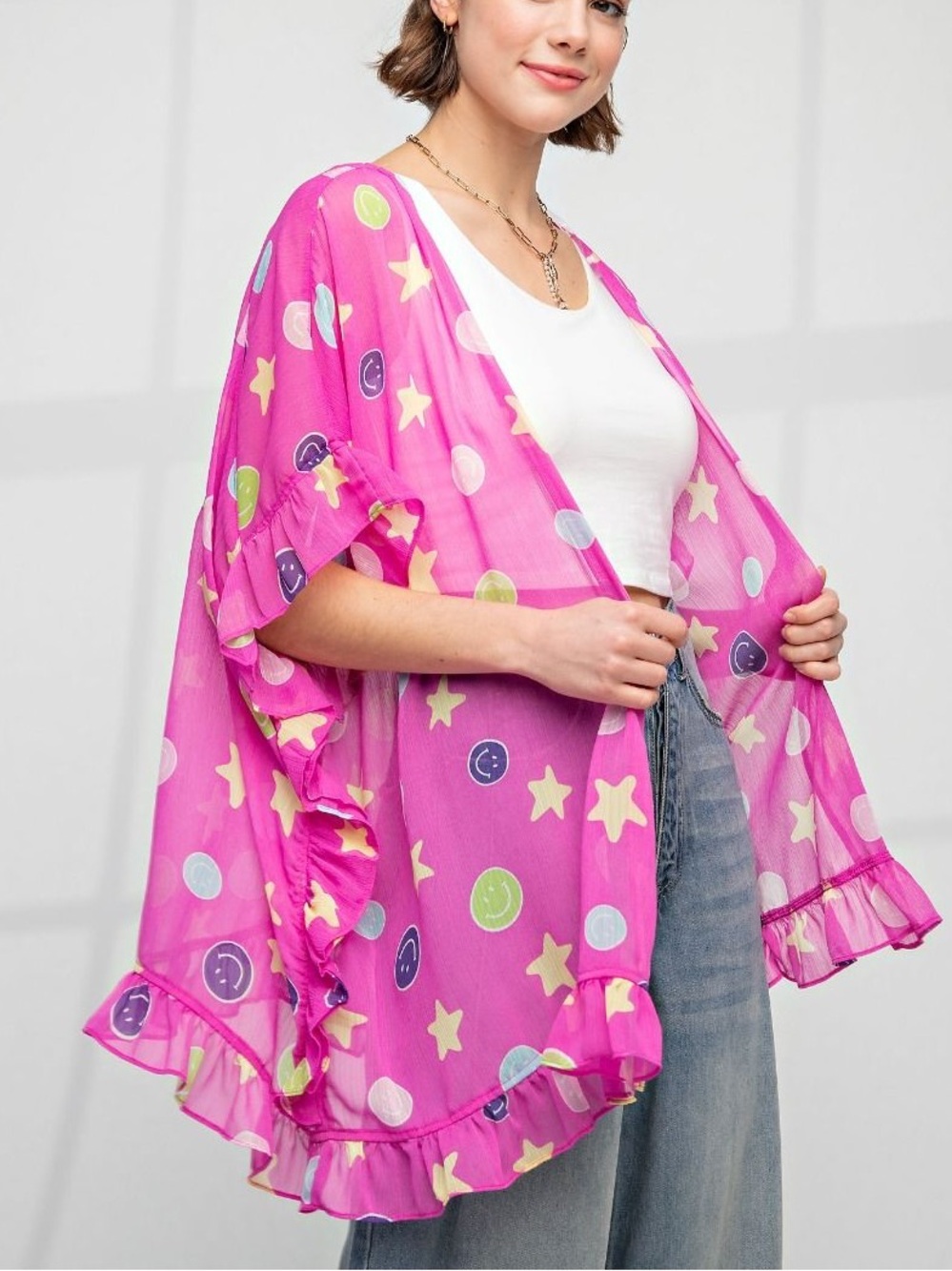 NWT EASEL Bohemian Retro Pink Smiley Face Ruffle Kimono Top S M L